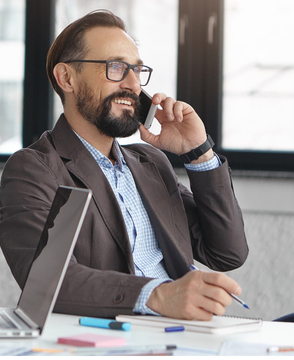 happy blonde female manager has conversation with male colleague min
